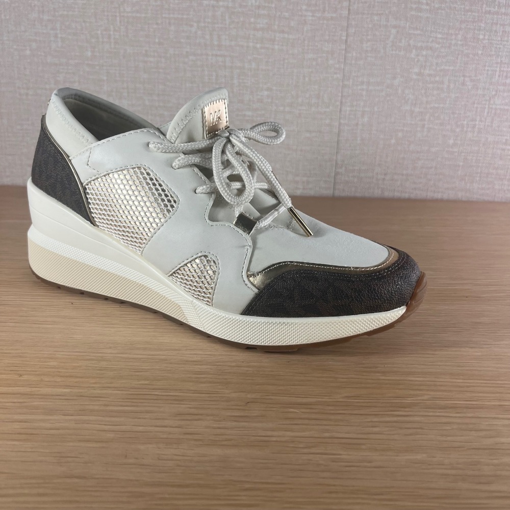 Michael Kors Georgie Trainer Wedge Sneakers Womens 9M White Gold Brown MK Logo
